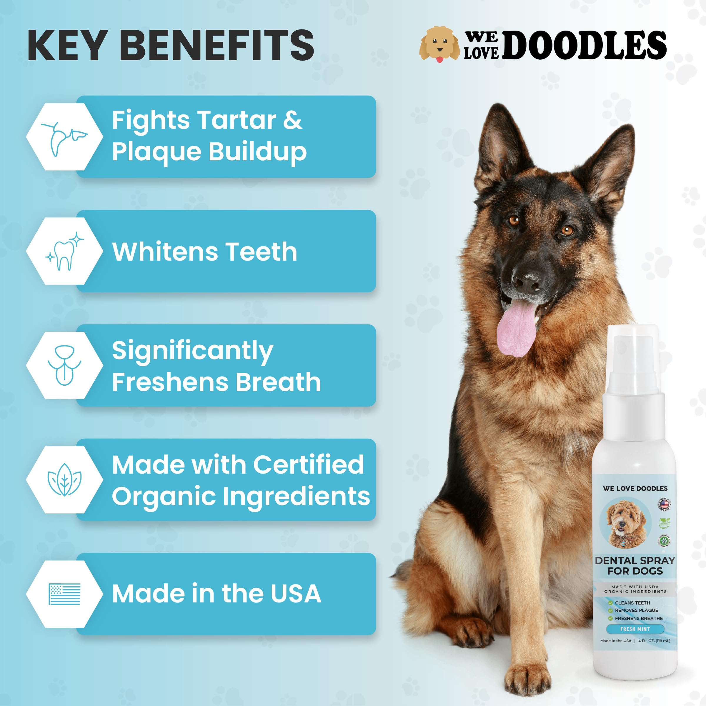 We Love Doodles Dog Dental Spray | Organic Dental Solutions Plaque & Tartar Control Spray | Natural Oral Care Dog for Healthy Teeth & Gums, Freshens Breath Spray | 4oz