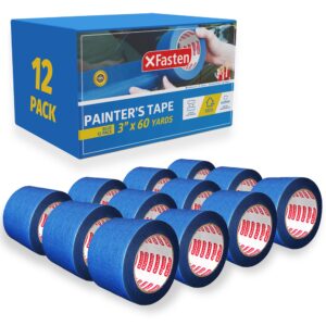 xfasten blue painters tape bulk 3-inch x 60-yards (12-pack, 2160ft total) wall safe blue painters tape 3 inch wide, blue masking tape bulk, blue paint tape for walls, painting, automotive