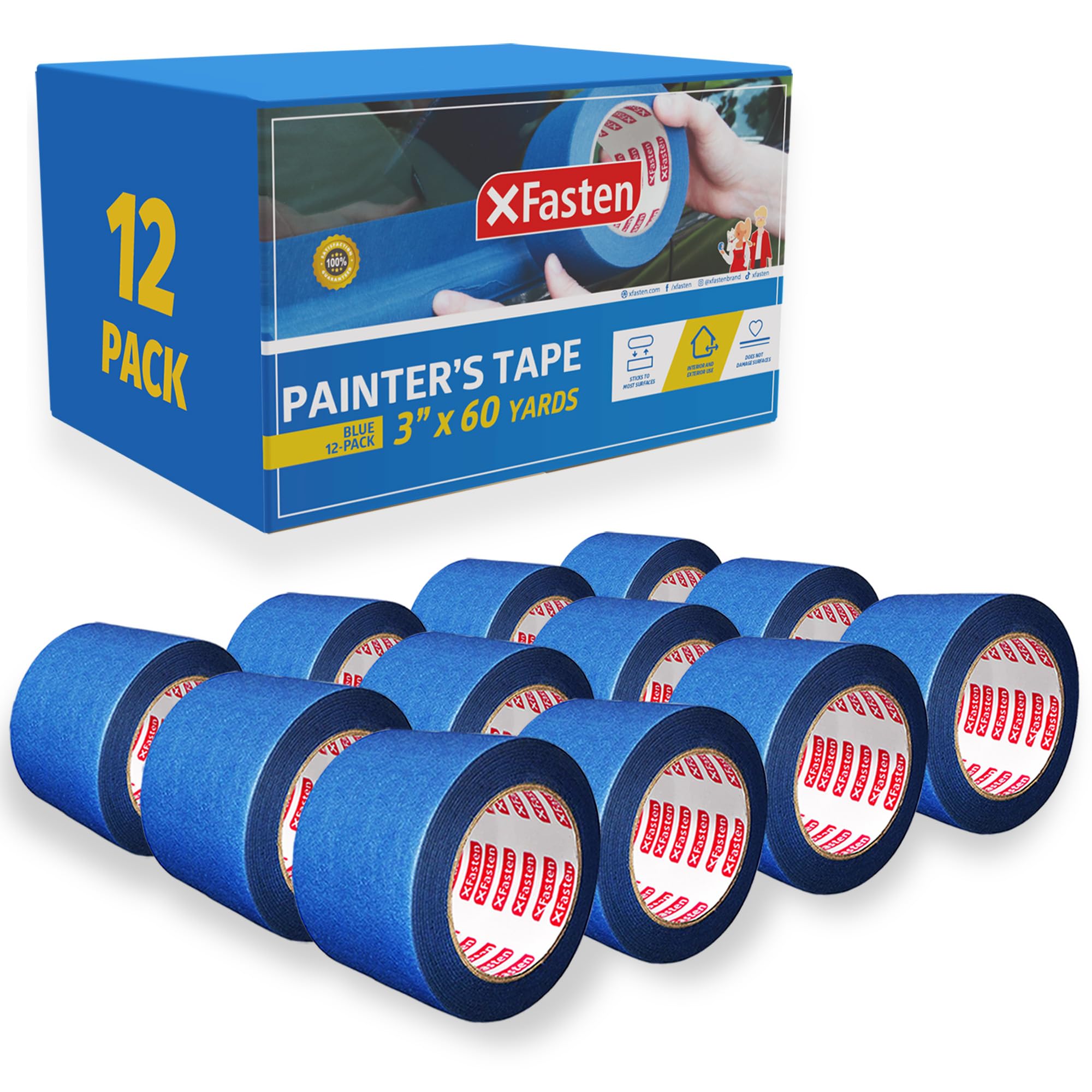 XFasten Blue Painters Tape Bulk 3-Inch x 60-Yards (12-Pack, 2160ft Total) Wall Safe Blue Painters Tape 3 Inch Wide, Blue Masking Tape Bulk, Blue Paint Tape for Walls, Painting, Automotive