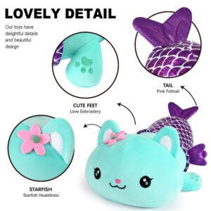 Onsoyours Cute Kitten Mermaid Plush Toy Stuffed Animal Kitty Soft Mermaid Cat Plush Pillow for Kids (Blue Cat Mermaid, 12")