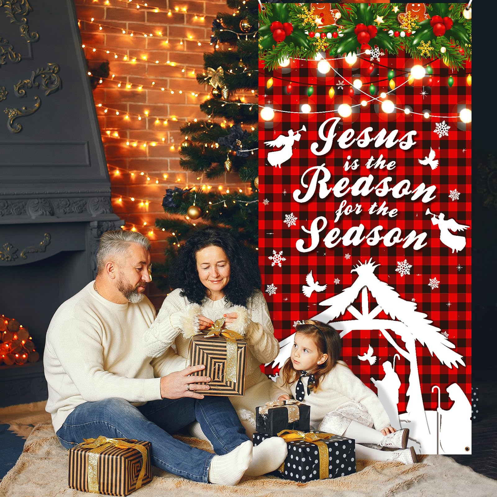 Christmas Nativity Door Cover Jesus is The Reason for The Season Christmas Door Decorations Banner Holy Religious Red Buffalo Plaid Porch Sign Backdrop Background for Xmas Holiday Party Supplies