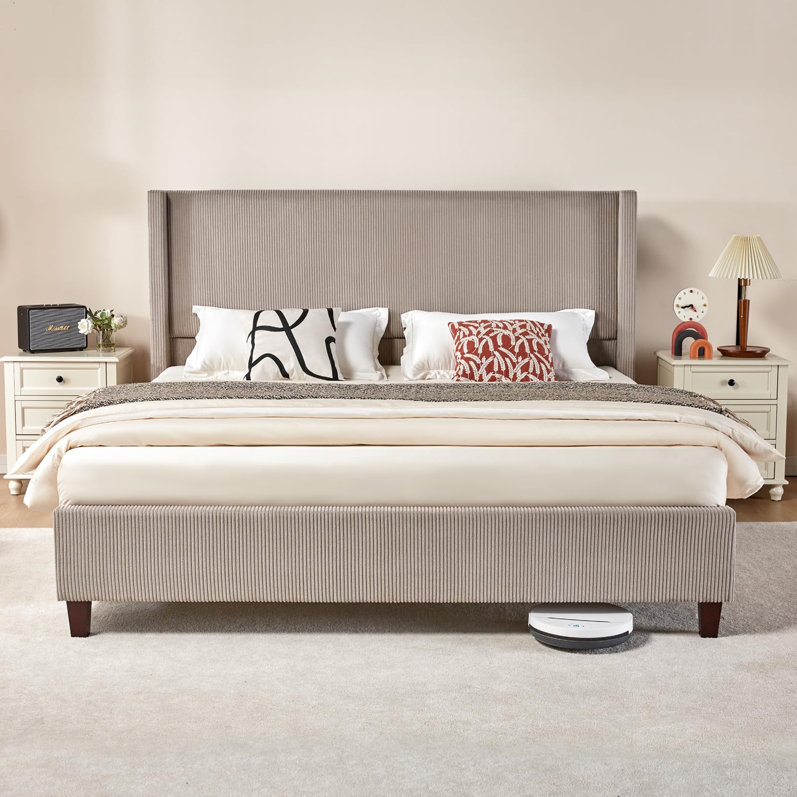 VanAcc King Size Platform Bed Frame, 50.8" Corduroy Upholstered Bed with Vertical Channel Tufted Headboard/Wooden Slats/Wingback/No Box Spring Required/Taupe