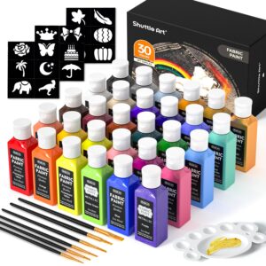 fabric paint, shuttle art 30 colors permanent soft fabric paint in bottles (60ml/2oz) with brushes, palette, stencils, non-toxic textile paint for t-shirts, shoes, jeans, bags, diy projects&art crafts