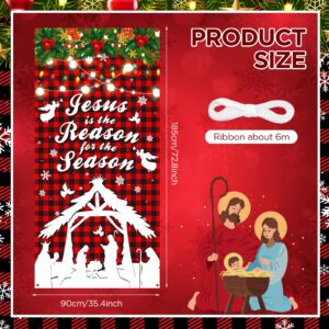 Christmas Nativity Door Cover Jesus is The Reason for The Season Christmas Door Decorations Banner Holy Religious Red Buffalo Plaid Porch Sign Backdrop Background for Xmas Holiday Party Supplies