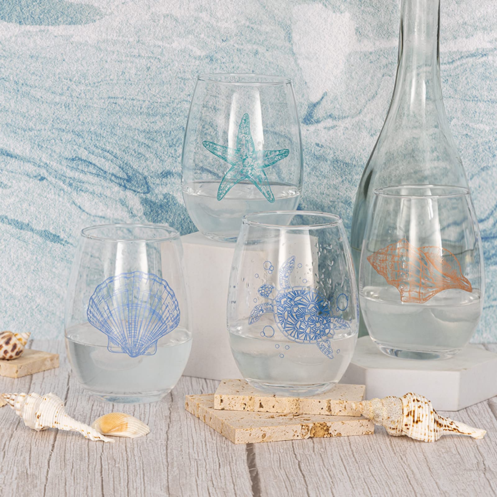 Ocean Themed Stemless Wine Glasses, Set of 4 Seashore Glassware - Sea Turtle, Starfish, Seashell, Conch Shell Assortment, Gifts for Coastal Beach Sea Lovers, Birthday Gifts for Women Mothers Day