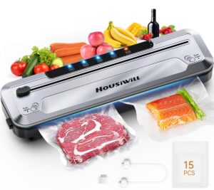 housiwill vacuum sealer, automatic food vacuum sealer, vacuum sealer for food with 6 mode, for dry/moist mode and food storage, vacuum food saver, starter kit with 15 seal bags & air suction hose