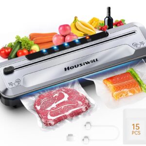 Housiwill Vacuum Sealer, Automatic Food Vacuum Sealer, Vacuum Sealer for Food with 6 Mode, for Dry/Moist Mode and Food Storage, Vacuum Food Saver, Starter Kit with 15 Seal Bags & Air Suction Hose