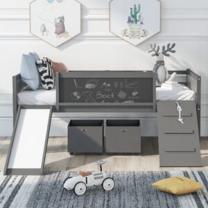 harper & bright designs low loft bed with slide, wood twin loft bed for kids, loft bed twin with 2 toy boxes, chalkboard and climbing frame, junior loft bed frame for girls boys (twin, gray)