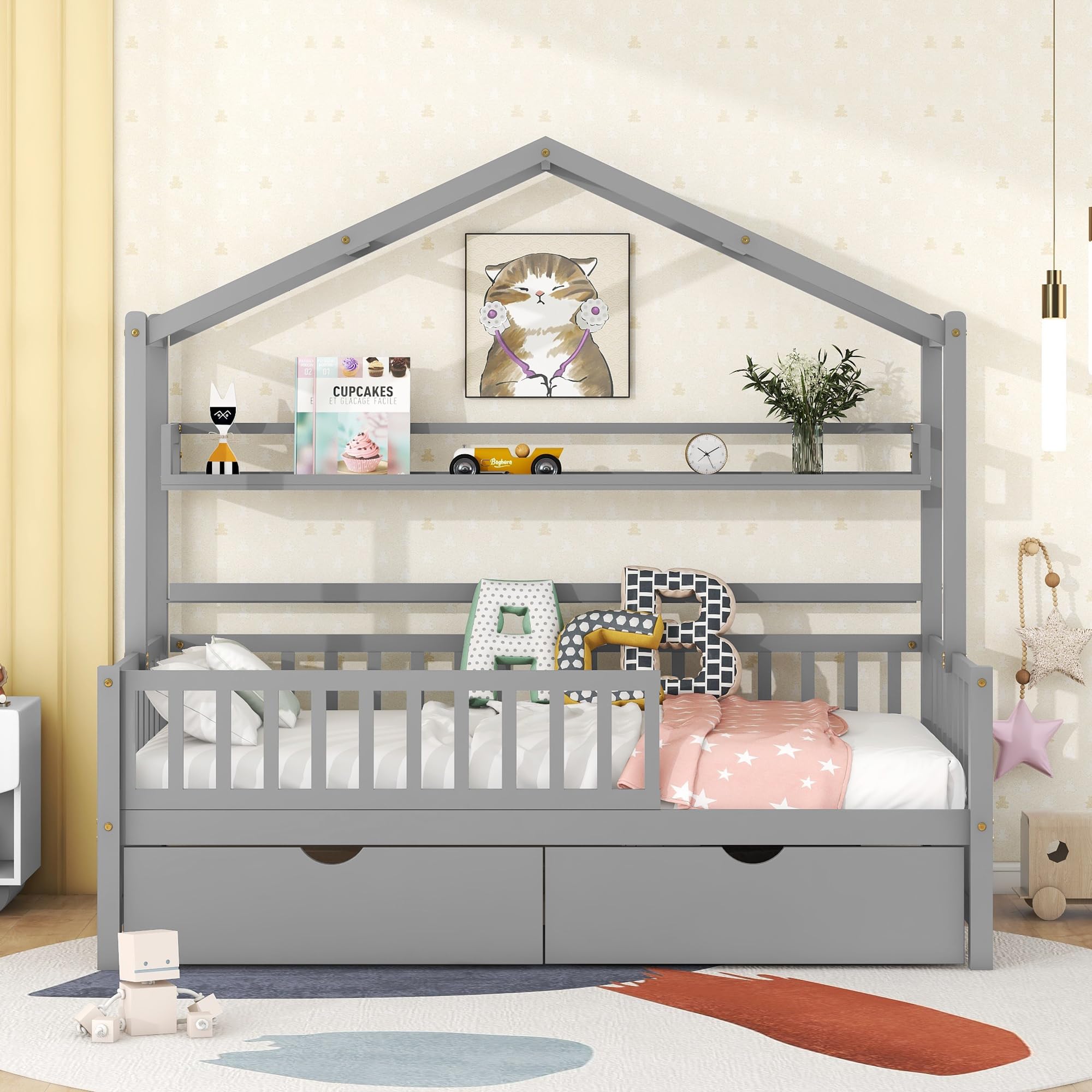 Harper & Bright Designs Twin House Bed with 2 Storage Drawers, Kids Twin Platform Bed Frame with Storage Shelves, Fence and Roof, Tent Bed, Wood Playhouse Bed Twin for Kids Teens Girls & Boys (Gray)