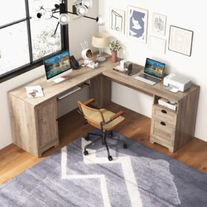 Tangkula 66" x 66" L-Shaped Office Desk with Keyboard Tray, Spacious Corner Computer Desk with Storage Drawers & Cabinet, Home Office Desk Executive Office Desk, Space-Saving Computer Workstation