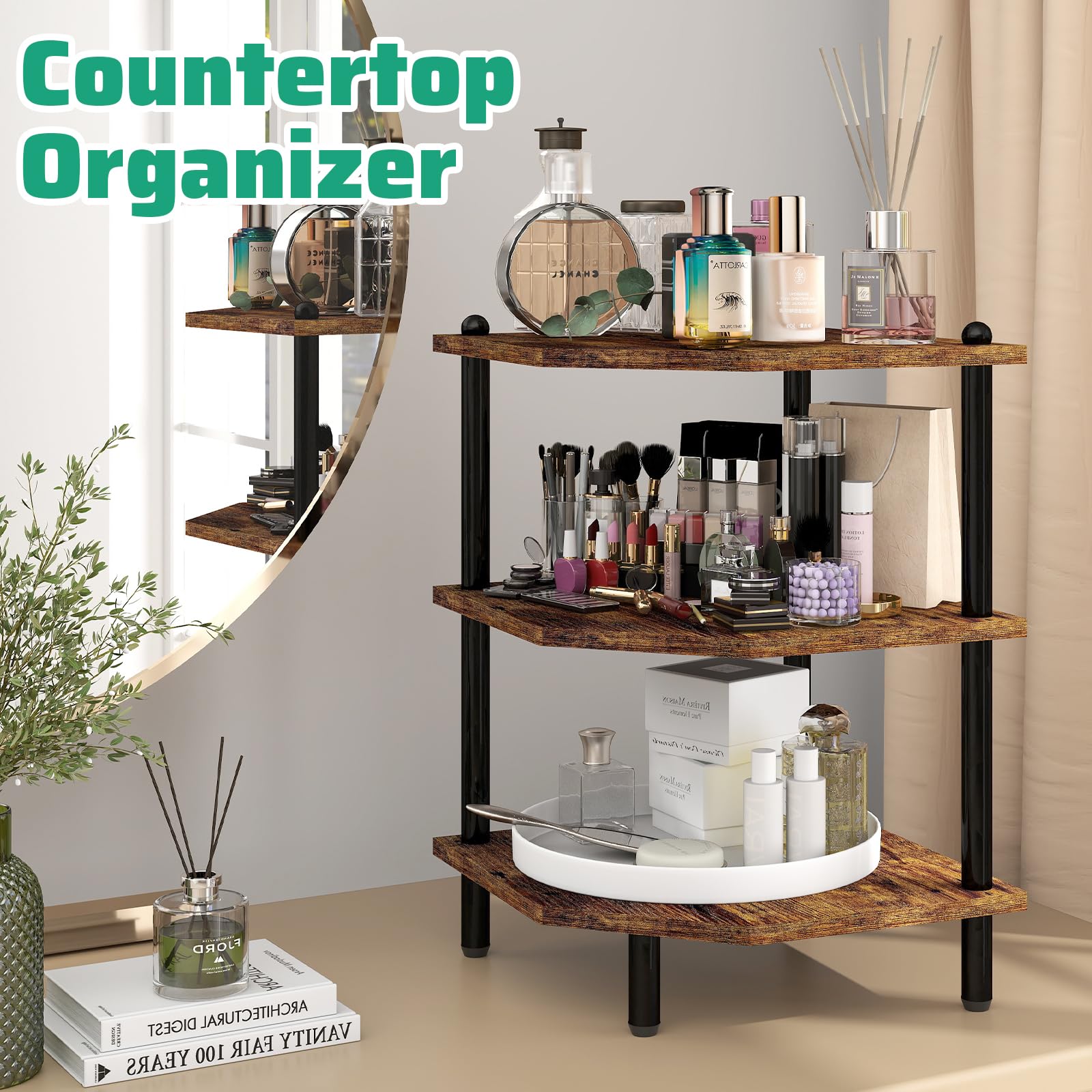 MOFAIN Desktop Corner Stand Shelf for Storage, 3 Tier Corner Shelf Organizer, Rustic Brown Rack for Small Spaces, Home Office, Kitchen, Bathroom