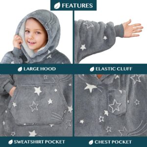 PAVILIA Wearable Blanket Sweatshirt for Kids Boy Girl Glow in The Dark Star, Warm Cozy Giant Blanket Hoodie, Fleece Sherpa Oversized Blanket Sweatshirt with Sleeves, Big Pocket