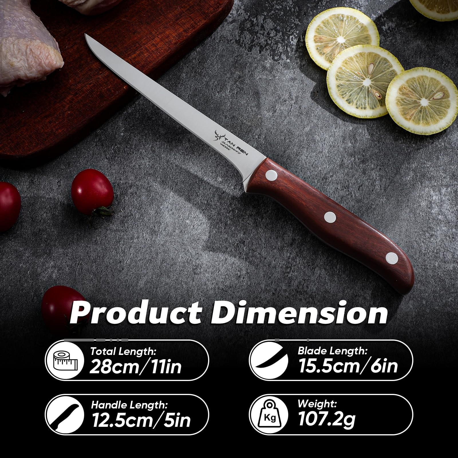 TAN REN Boning Knife 6 Inch, Stainless Brisket Trimming Knife with Sheath, Flexible Curved Boning Knife for Meat Cutting, Butcher Trimming Knife, Meat Trimming Knife for Brisket