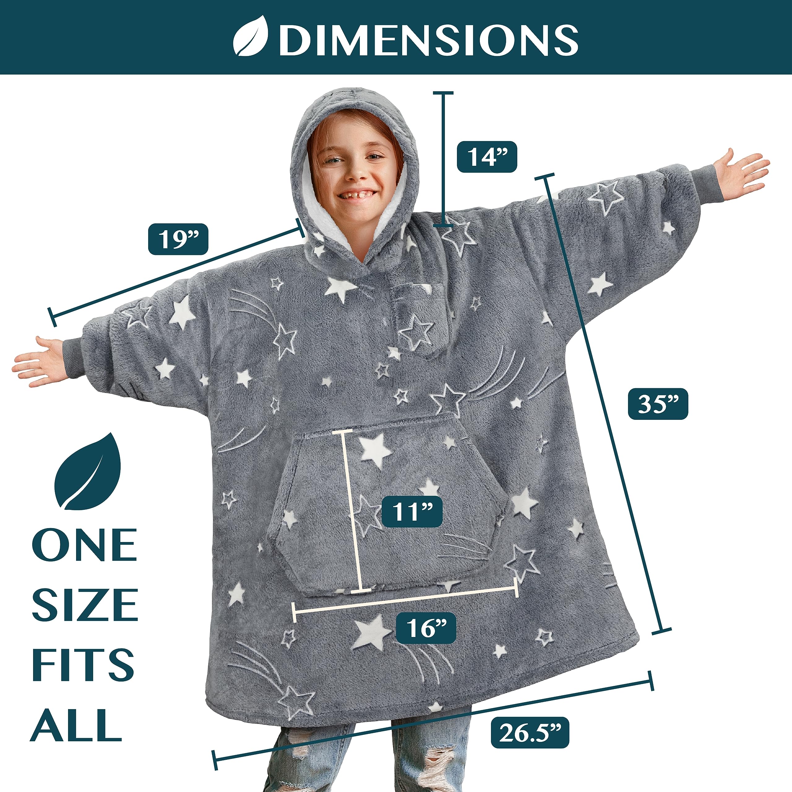 PAVILIA Wearable Blanket Sweatshirt for Kids Boy Girl Glow in The Dark Star, Warm Cozy Giant Blanket Hoodie, Fleece Sherpa Oversized Blanket Sweatshirt with Sleeves, Big Pocket