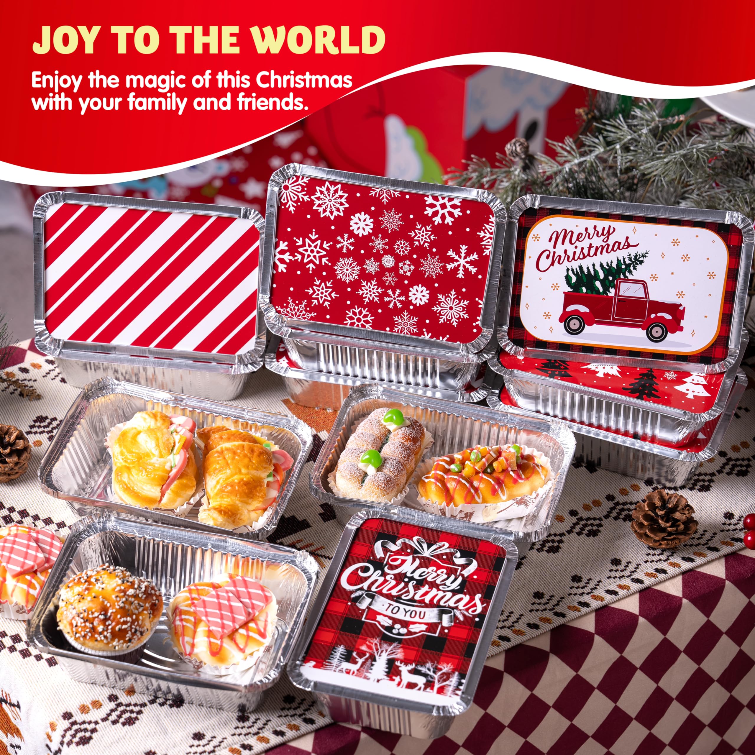 JOYIN 36 Pieces Christmas Foil Containers with Lids, 9 Holiday Designs, 7"x5"x2" Rectangular Treat Foil Containers, Disposable Food Storage Pan for Holiday Leftovers Goodie Container