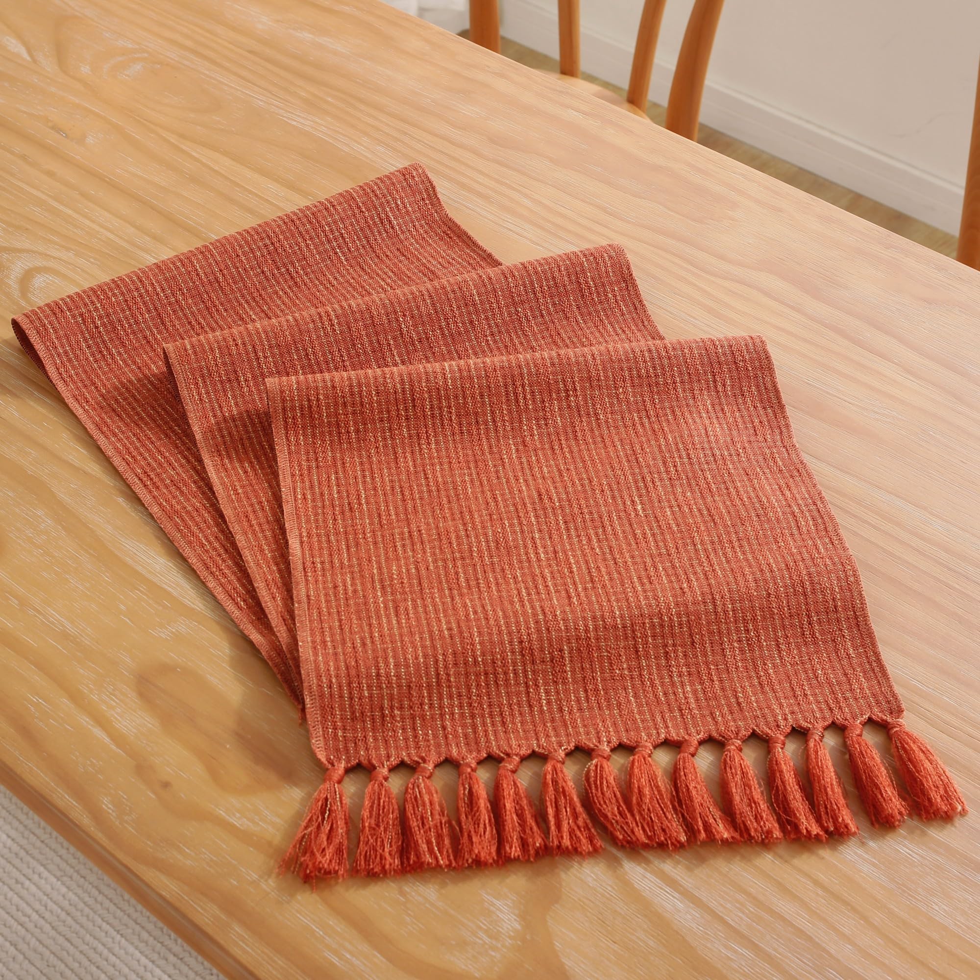 JIALE Fall Table Runner, Rustic Farmhouse Table Runners with Tassels 72 Inches Long, Boho Cotton Linen Table Runner for Table Decor, Holiday Party and Wedding, 13x72 Inches, Orange