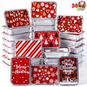 joyin 36 pieces christmas foil containers with lids, 9 holiday designs, 7"x5"x2" rectangular treat foil containers, disposable food storage pan for holiday leftovers goodie container