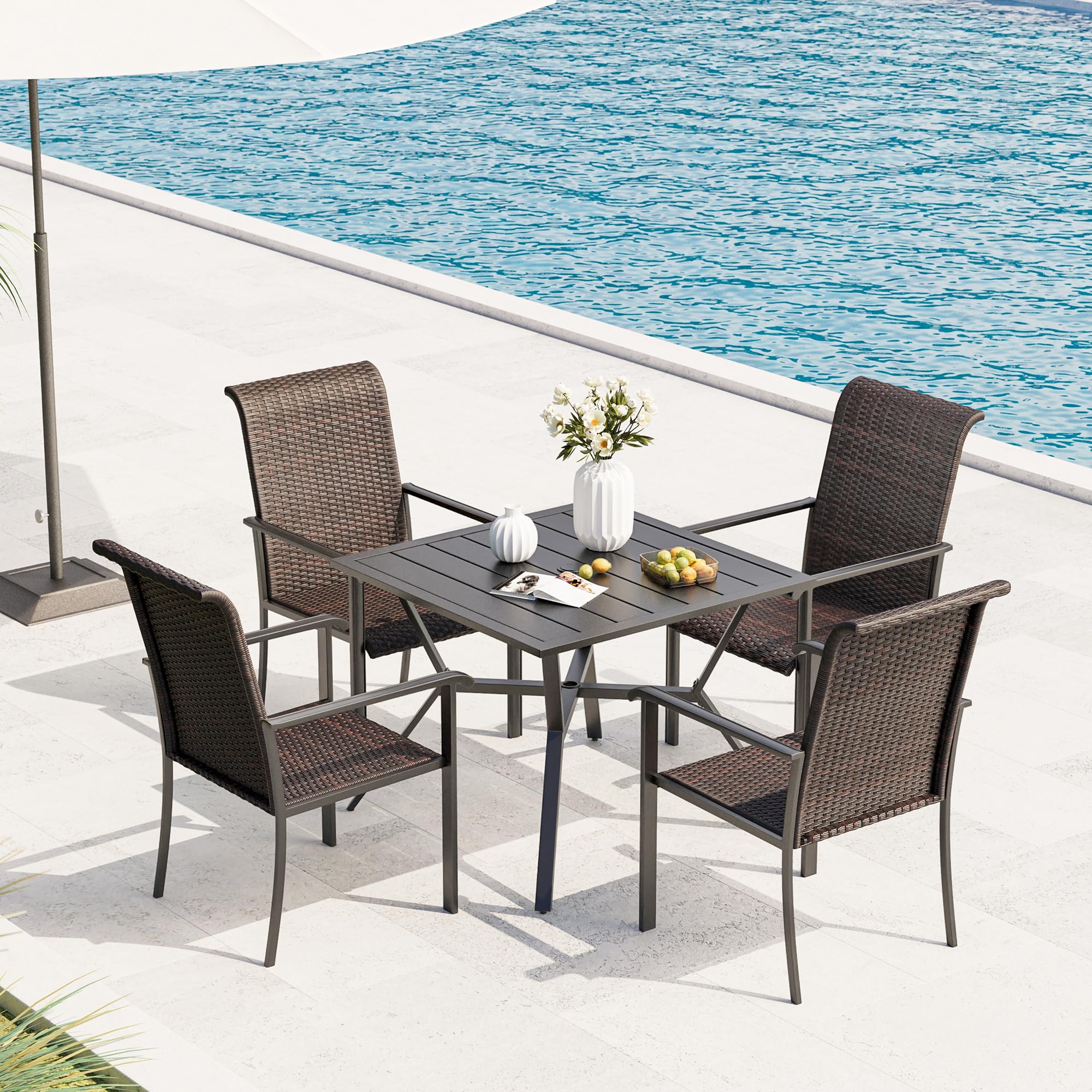 VICLLAX Patio Rattan Dining Chairs Set of 4, Outdoor High Back Wicker Dining Chairs for Garden Deck Yard Front Porch, Dark Grey Frame/Brown Back& Seat