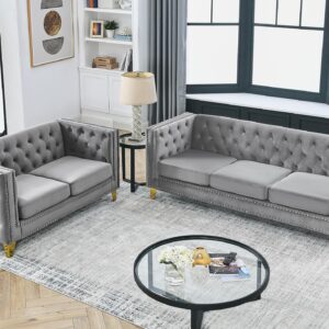 JEEOHEY Chesterfield Sofa,Oversized Velvet Loveseat Sofa Couch,2 Seater Deep Seat Sofa,Modern Sofa Chair with Button Nailhead,Upholstered Futon Couches,Furniture for Living Room,Bedroom,Office(Grey)