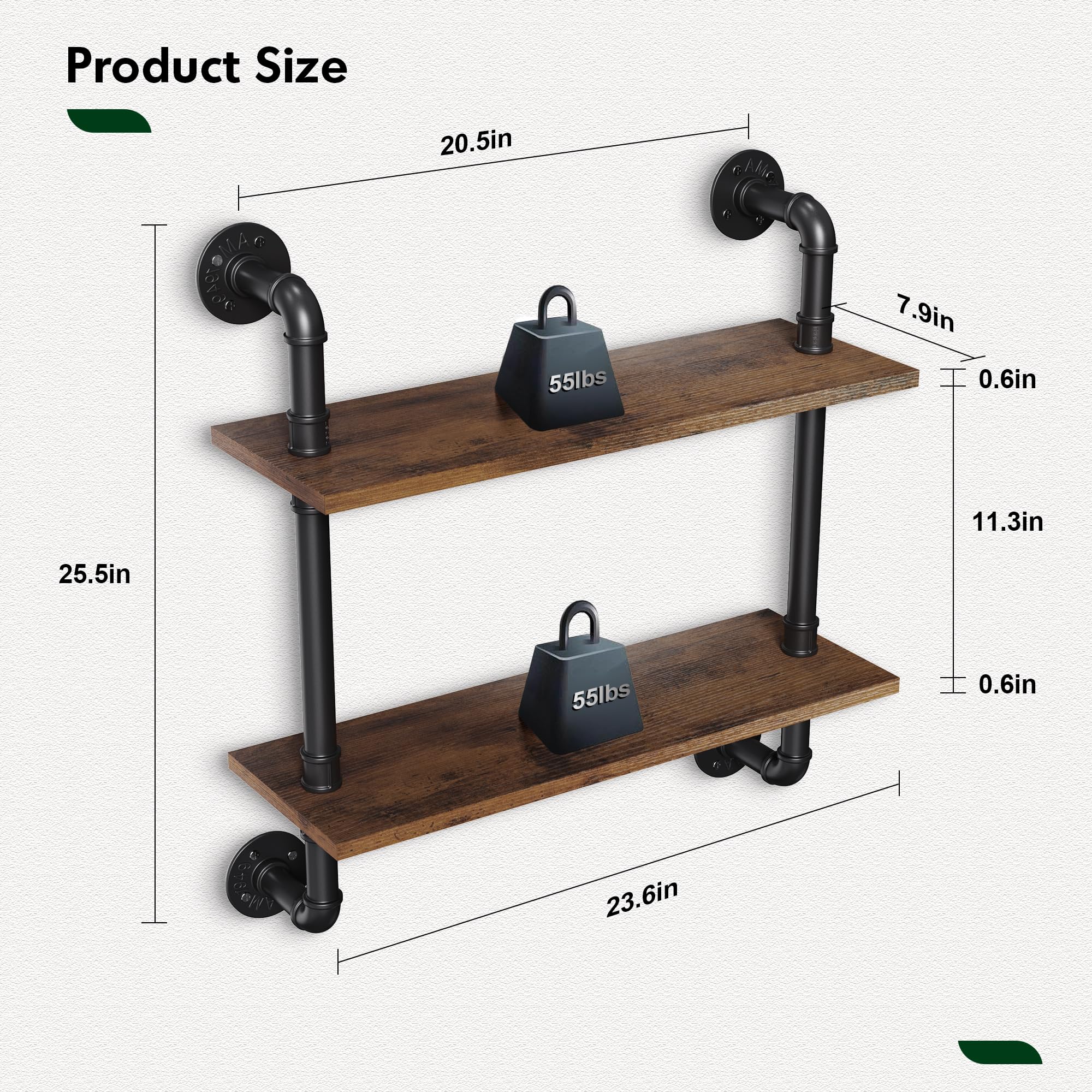 Merapi 24" Industrial Floating Shelves, Pipe Shelves for Wall, 2 Tier Rustic Wood Wall Shelves for Home Décor, Bedroom, Living Room, Bathroom