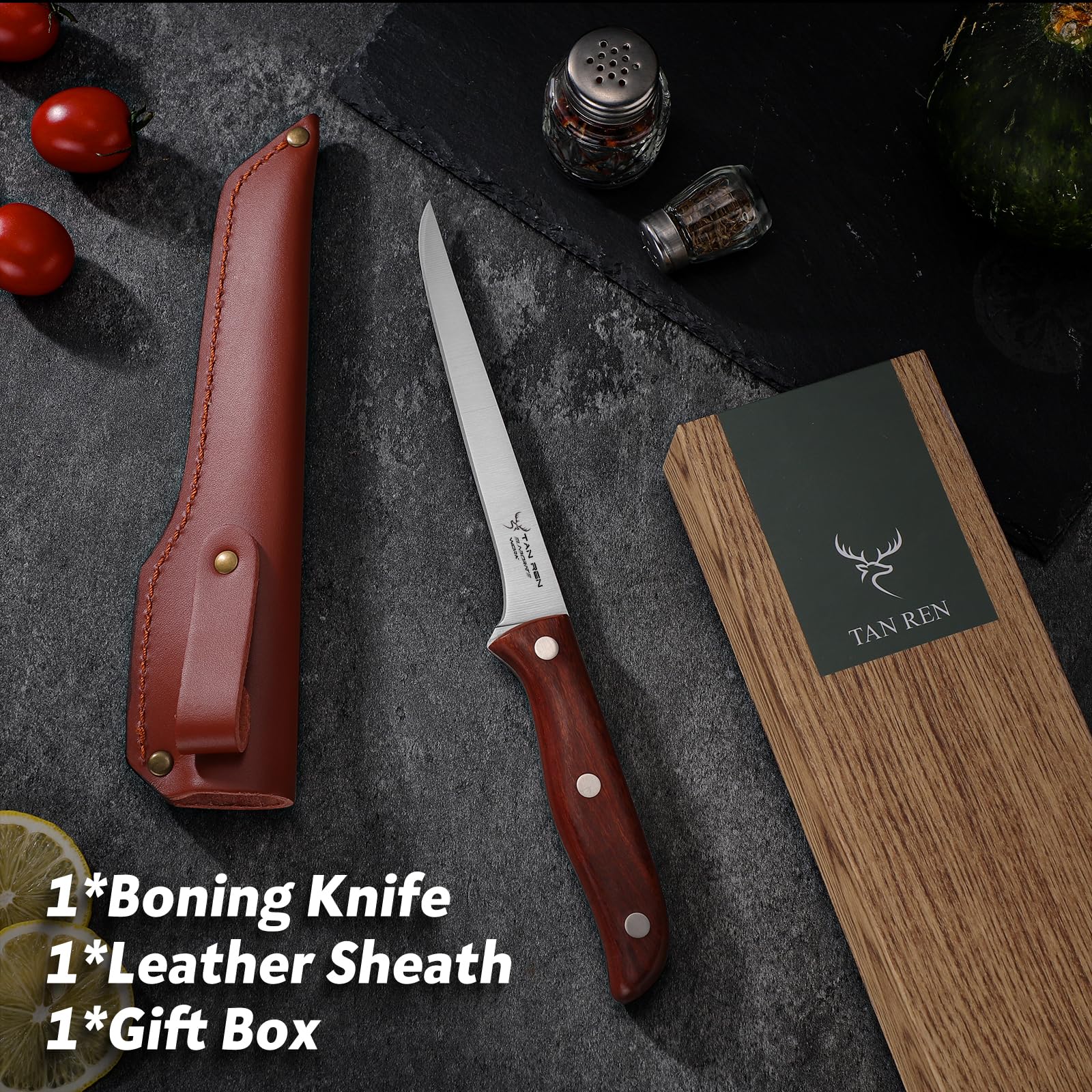 TAN REN Boning Knife 6 Inch, Stainless Brisket Trimming Knife with Sheath, Flexible Curved Boning Knife for Meat Cutting, Butcher Trimming Knife, Meat Trimming Knife for Brisket