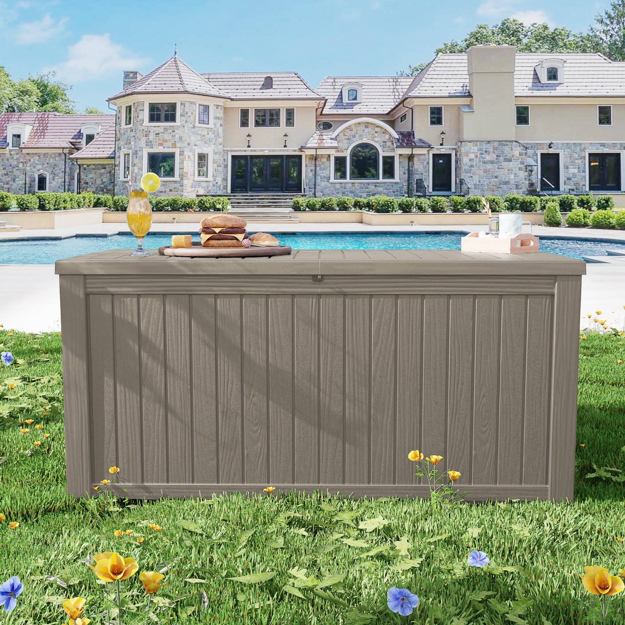 EasyUp 180 Gallon Outdoor Storage Box Waterproof, UV Resistant Resin Deck Box with Hydraulic Rod, Lockable Design and Enhanced Durability for Patio, Garden, and Poolside Use