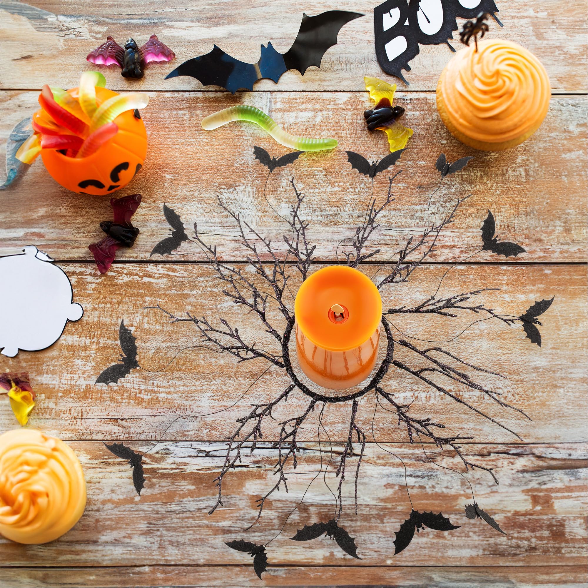 AuldHome Design Halloween Bat Candle Wreaths (2-Pack); Spooky Flying Bat Candle Rings Fall and Party Decor