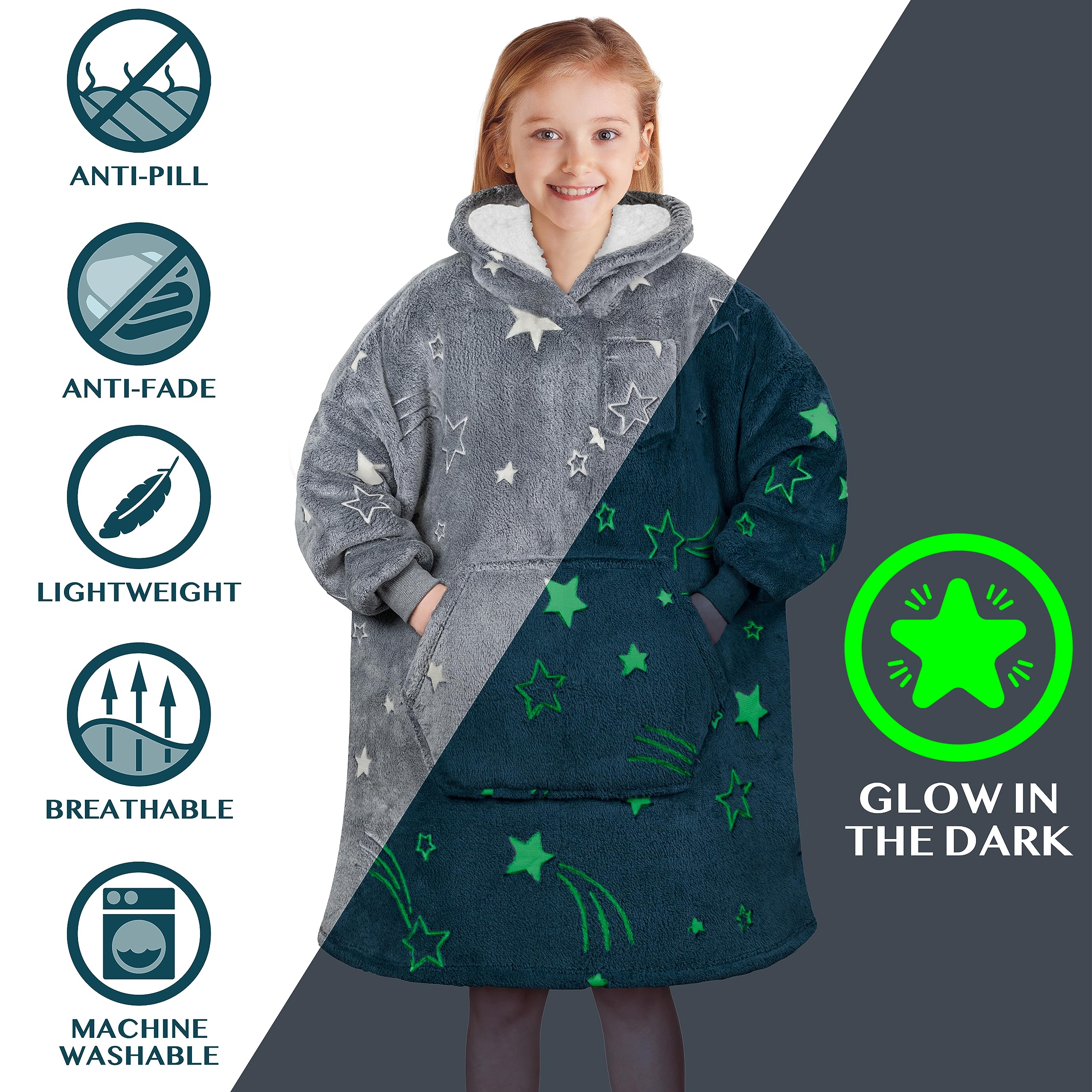 PAVILIA Wearable Blanket Sweatshirt for Kids Boy Girl Glow in The Dark Star, Warm Cozy Giant Blanket Hoodie, Fleece Sherpa Oversized Blanket Sweatshirt with Sleeves, Big Pocket