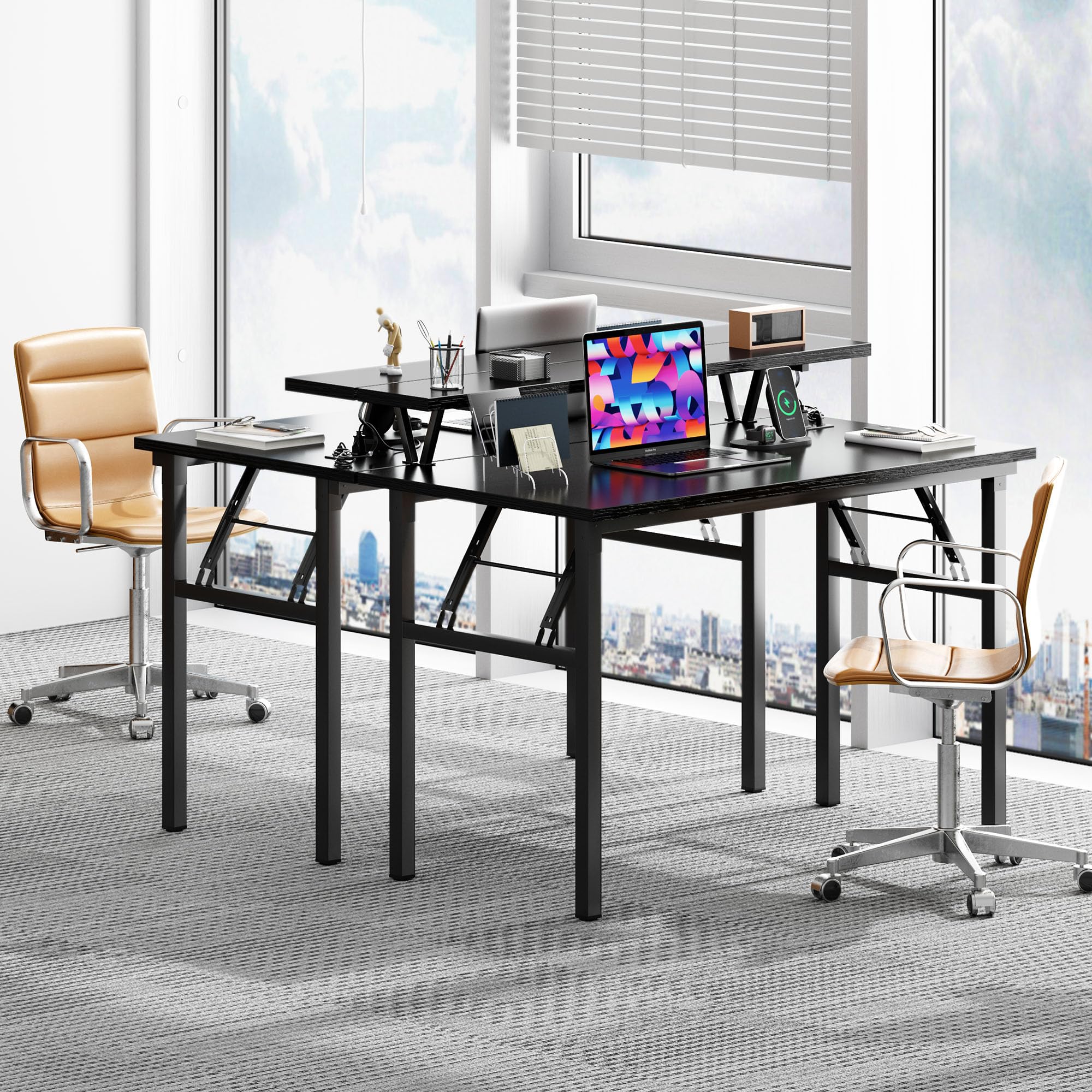 Need 39 Inch Small Folding Computer Desk with Power Outlets & Monitor Shelf Study Desk Gaming Desk with Led Lights Cup Holder & Headphone Holder,Black