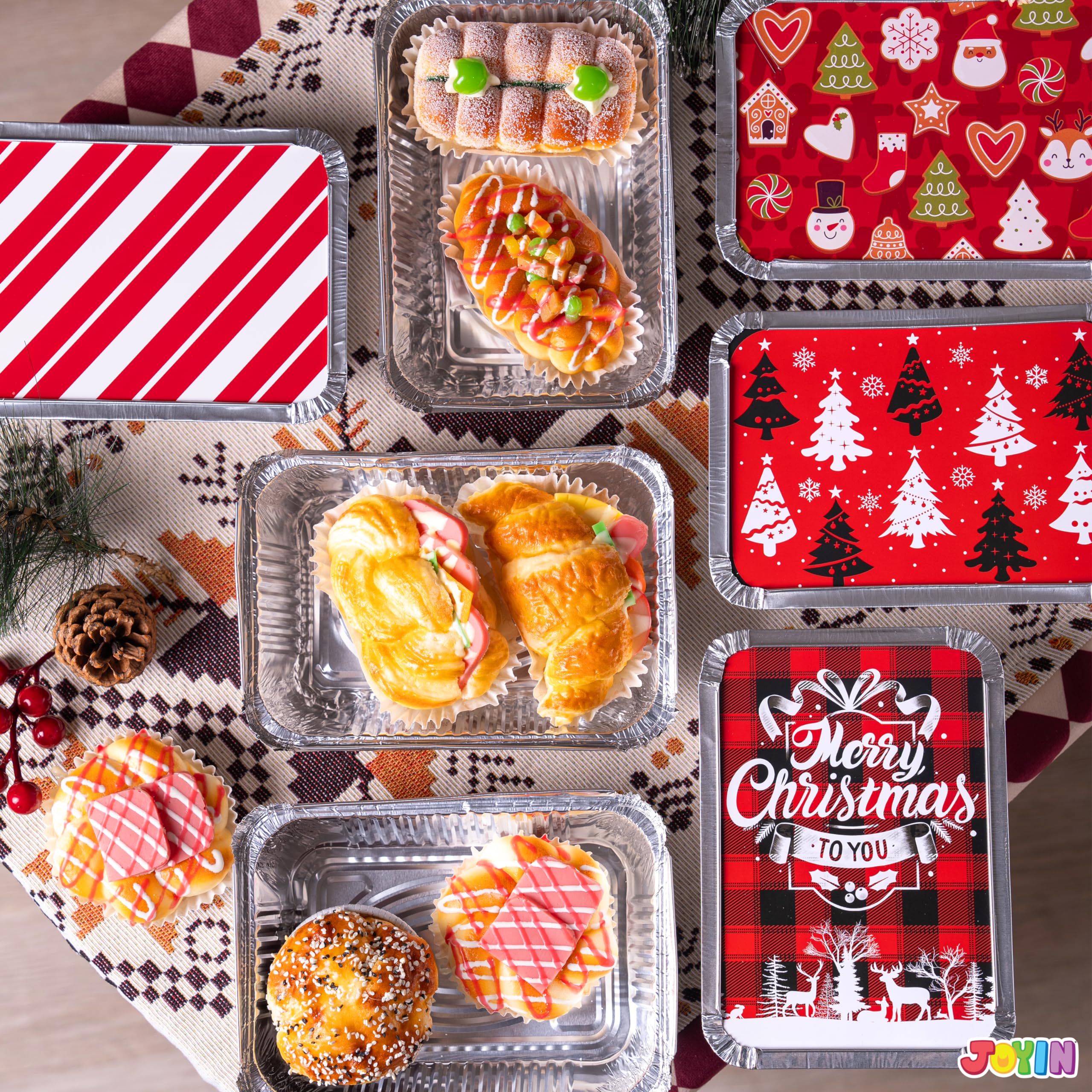 JOYIN 36 Pieces Christmas Foil Containers with Lids, 9 Holiday Designs, 7"x5"x2" Rectangular Treat Foil Containers, Disposable Food Storage Pan for Holiday Leftovers Goodie Container