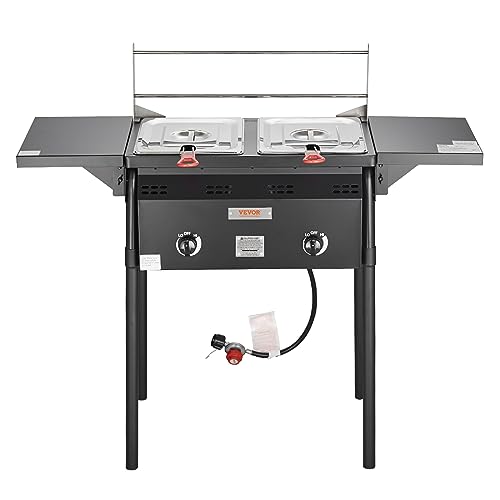 VEVOR Outdoor Propane Deep Fryer, Double Burners Commercial Fryer, 16 Qt Stainless Steel Cooker with Removable Baskets & Lids & Tanks, Oil Fryer Cart with Thermometer & Regulator, For Outdoor Cooking