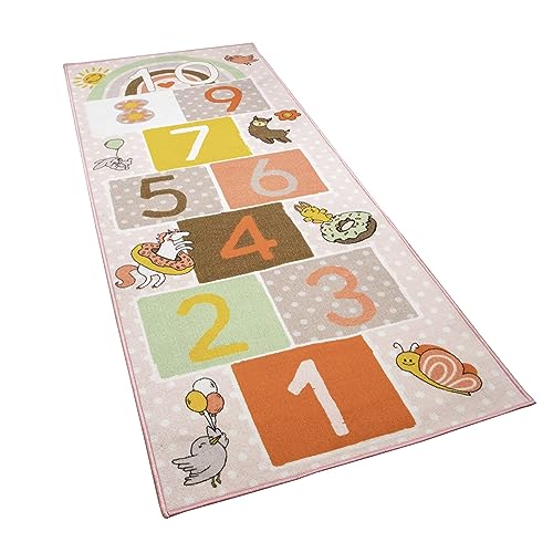 Hopscotch Squad Hop & Count Hopscotch Rug for Play Space & Room Decor with Skid-Proof Backing, 79” L ong x 29” Wide - Classic Hopscotch Rug for Kids