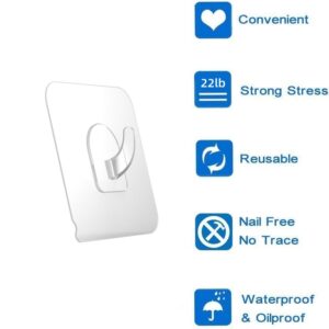 Ninth Five 30 Pack Adhesive Hooks for Hanging, 22lb Heavy Duty Wall Door Hooks, Clear Plastic Sticky Hanging Hook for Home Kitchen Bathroom Office Use