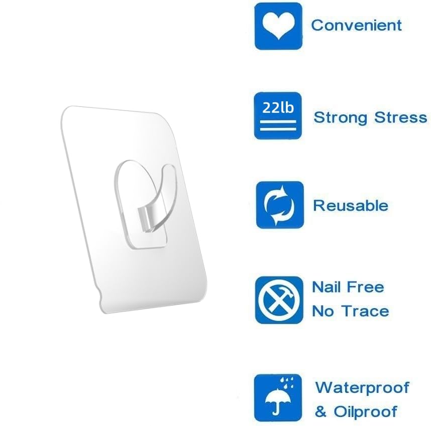 Ninth Five 30 Pack Adhesive Hooks for Hanging, 22lb Heavy Duty Wall Door Hooks, Clear Plastic Sticky Hanging Hook for Home Kitchen Bathroom Office Use