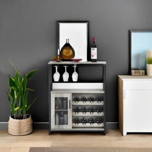 GAOMON Wine Bar Rack Cabinet with Detachable Wine Rack, Bar Cabinet with Glass Holder, Small Sideboard and Buffet Cabinet with Mesh Door (Grey)