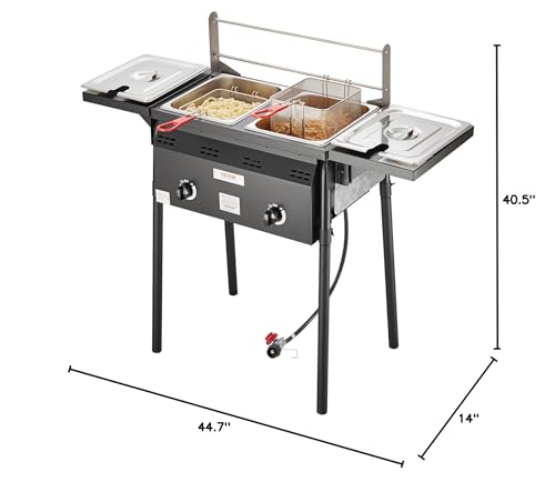 VEVOR Outdoor Propane Deep Fryer, Double Burners Commercial Fryer, 16 Qt Stainless Steel Cooker with Removable Baskets & Lids & Tanks, Oil Fryer Cart with Thermometer & Regulator, For Outdoor Cooking