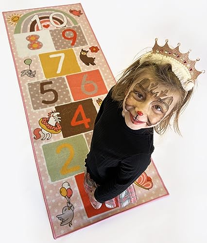 Hopscotch Squad Hop & Count Hopscotch Rug for Play Space & Room Decor with Skid-Proof Backing, 79” L ong x 29” Wide - Classic Hopscotch Rug for Kids