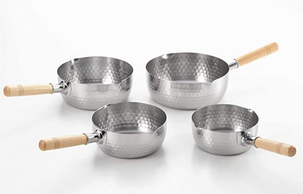 Set of 4 Japanese Stainless Steel Yukihira Saucepans Cooking Pots 1.2-Quart, 1.7-Quart, 2.2-Quart, 3-Quart, Made in Japan, 1 Set