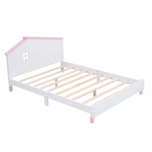 MERITLINE Full Bed Frame with House-Shaped Headboard, Wooden Full Size Platform Bed Frame with Shelf, Cute Full Bed for Kids Teens Girls Boys, No Box Spring Needed, White+Pink