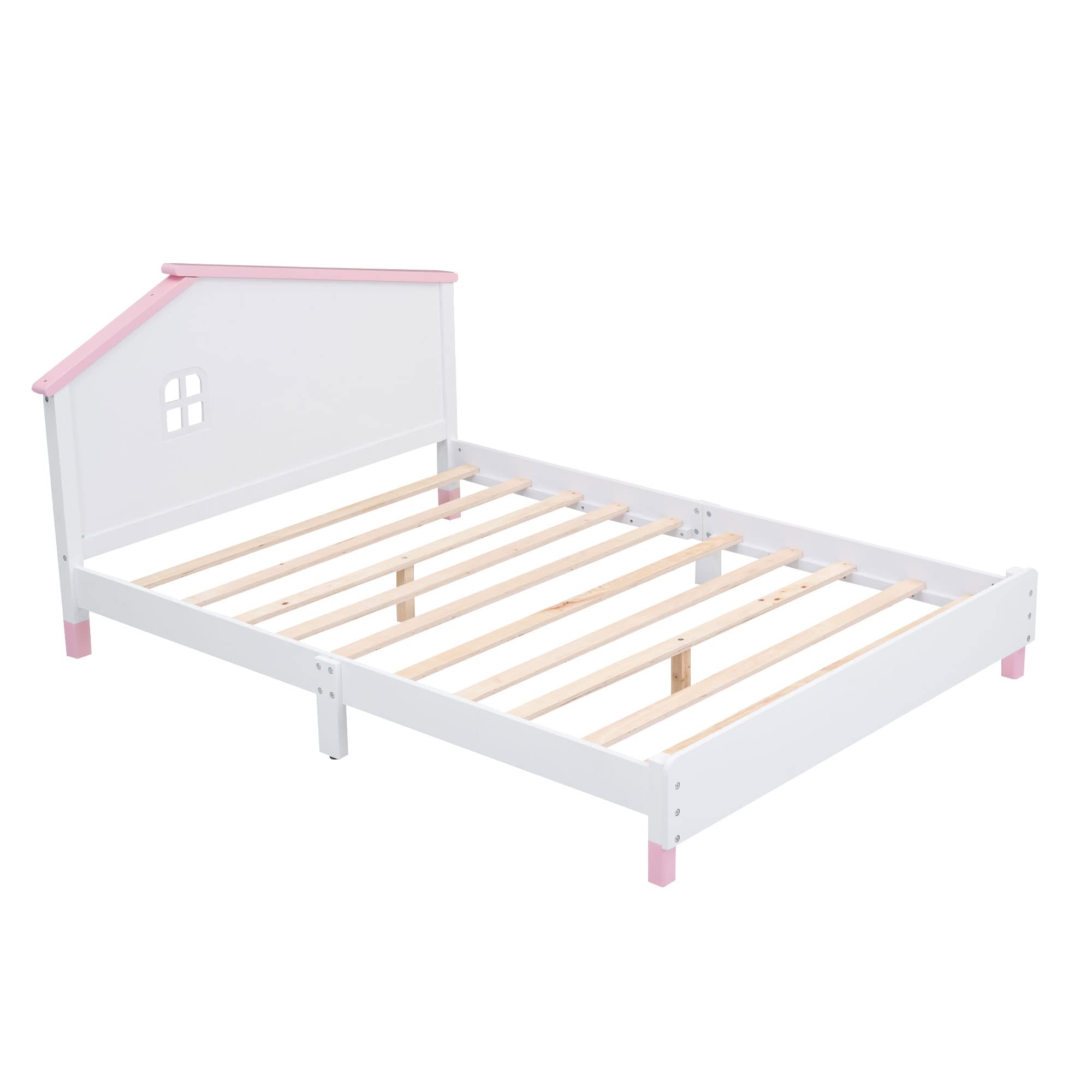 MERITLINE Full Bed Frame with House-Shaped Headboard, Wooden Full Size Platform Bed Frame with Shelf, Cute Full Bed for Kids Teens Girls Boys, No Box Spring Needed, White+Pink