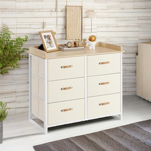 SONGMICS Dresser for Bedroom with 6 Drawers, Chest of Drawers, with Water-Resistant Changing Table, Storage Organizer Cabinet, for Kids Room Nursery Living Room Hallway, Beige UGKR101K01