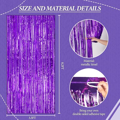 DECOCKRAT 3 Pack Foil Fringe Backdrop - Purple Shiny Tinsel Curtains for Party Decoration/Photo Booth Props - 3.3x8.2 FT Metallic Foil Backdrop for Birthday, Wedding, Graduation, Christmas.