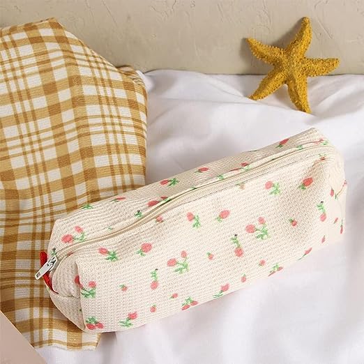 Pink Strawberries Women Fresh Style Pencil Bag Flower Floral Canvas Large Pen Pencil Pouch Bag Pencil Case Pen Holder Coin Pouch, Simple Cosmetic Storage Bags Makeup Bag Office Stationery Organizer