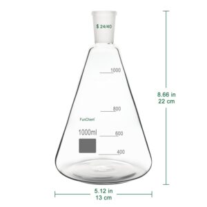 FunChem 24/40 Glass Erlenmeyer Flask, Borosilicate Glass Graduated Laboratory Flask with 24/40 Standard Taper Outer Joint, 1000 ml