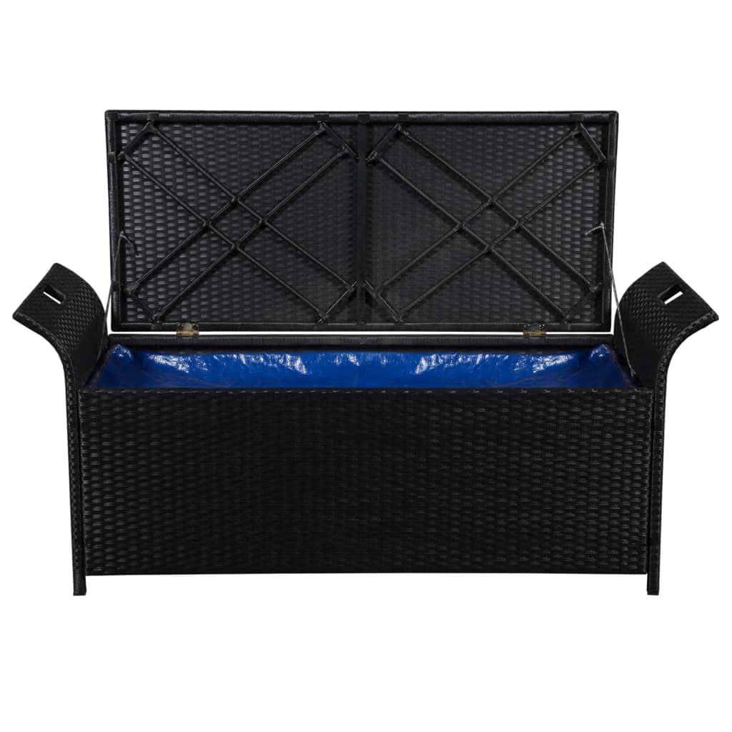 GOLINPEILO Outdoor Wicker Storage Bench Deck Box with Cream White Cushion, PE Rattan Patio Furniture Pool Storage Bin Container with Interior Waterproof Cloth Bag, 54.3"x19.7"x23.6" Black, -388