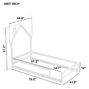 HZANHY Twin Toddler Floor Bed, Montessori Bed with House-Shaped Headboard Twin Size Wood House Bed Frame on Floor with Fence Guardrails Excluded Mattress/No Box Spring Needed for Girls Boys