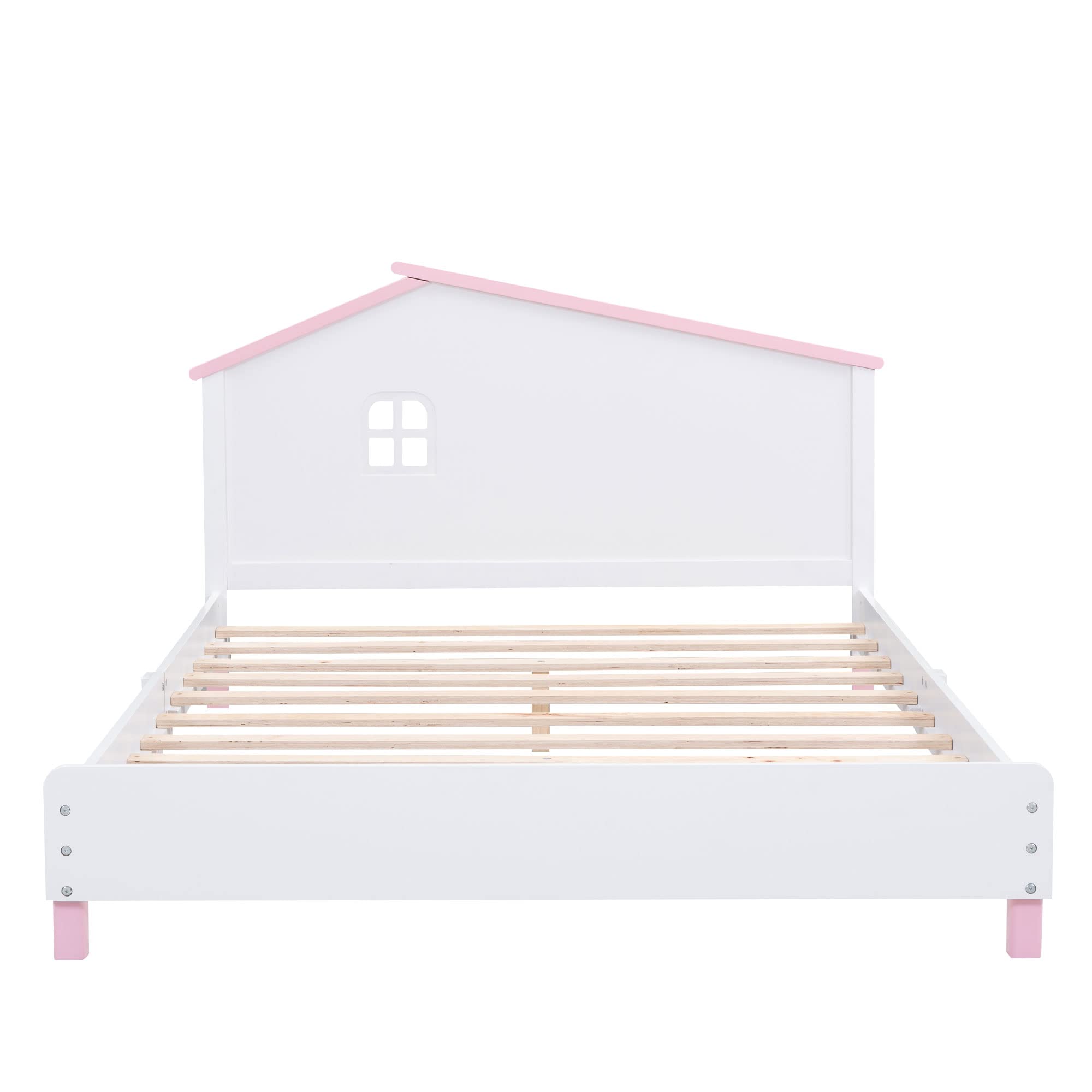 MERITLINE Full Bed Frame with House-Shaped Headboard, Wooden Full Size Platform Bed Frame with Shelf, Cute Full Bed for Kids Teens Girls Boys, No Box Spring Needed, White+Pink