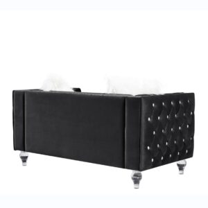 Tomkate 59.8 Inch Small Chesterfield Sofa, Modern Velvet Upholstered Loveseat Sofa Couch with Two Pillows and Crystal Feet, Crystal Buckle Upholstery Tufted 2 Seater Sofa for Living Room, Black