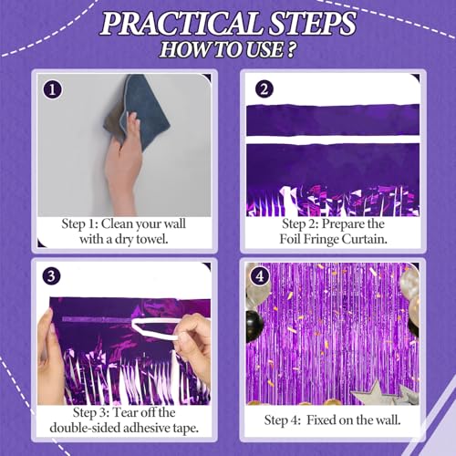 DECOCKRAT 3 Pack Foil Fringe Backdrop - Purple Shiny Tinsel Curtains for Party Decoration/Photo Booth Props - 3.3x8.2 FT Metallic Foil Backdrop for Birthday, Wedding, Graduation, Christmas.