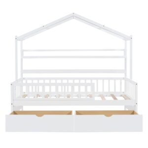 Merax Wood Twin House Bed Frame with Drawers/Book Shelf,Low Sofa Daybed for Boys Girls,No Box Spring Needed White